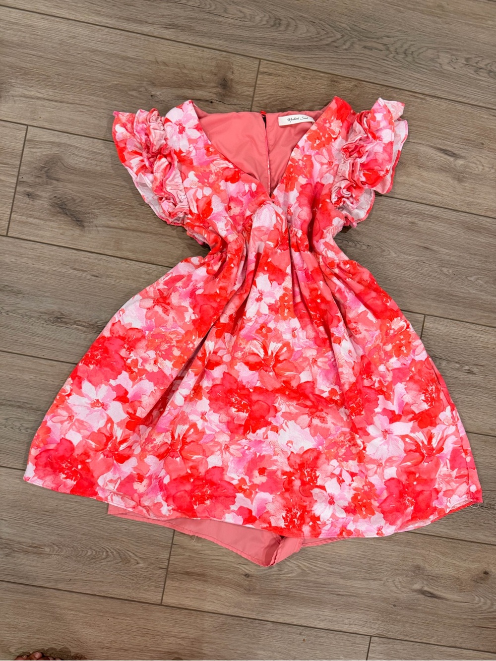 Floral Pink & Coral Women’s Dress with Ruffle Sleeves